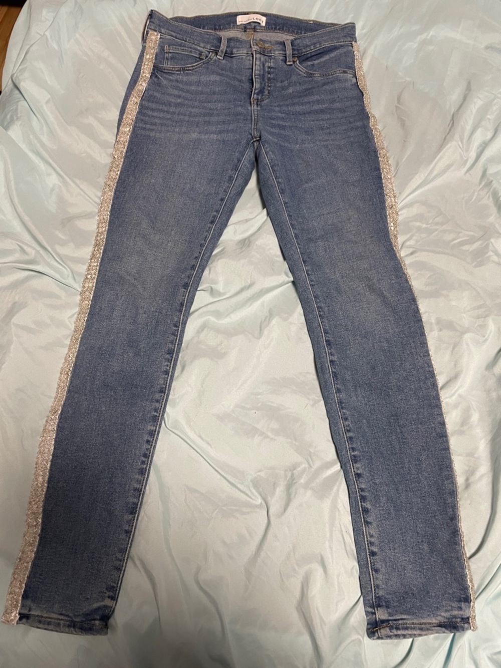 LOFT Blue Skinny Jeans with Silver Sequin Side Trim